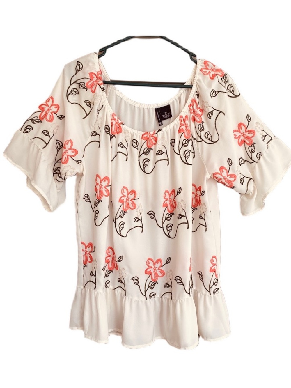 NEW DIRECTIONS Peasant Top Lightweight Ruffle Off White Coral Green Floral XL